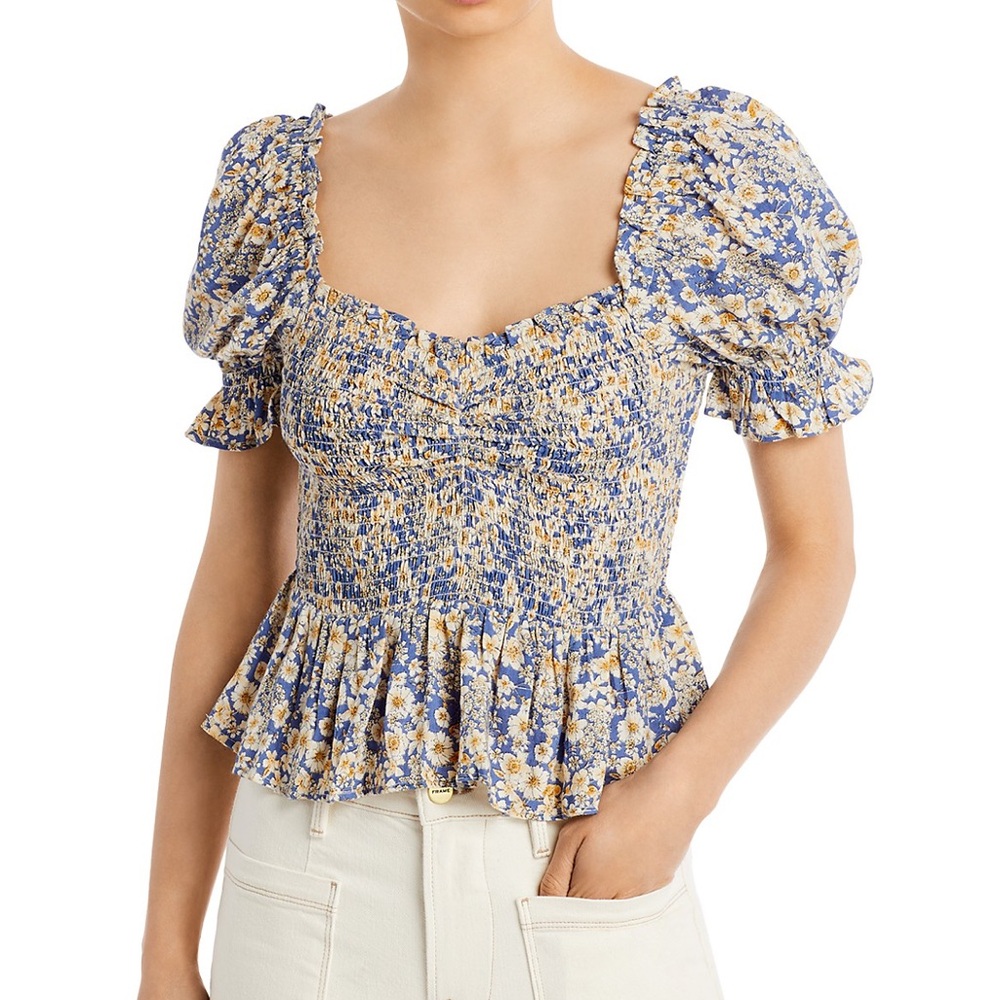 Bloomingdale’s Aqua Rowena Floral Smocked Peasant Top Puff Sleeve Size Small